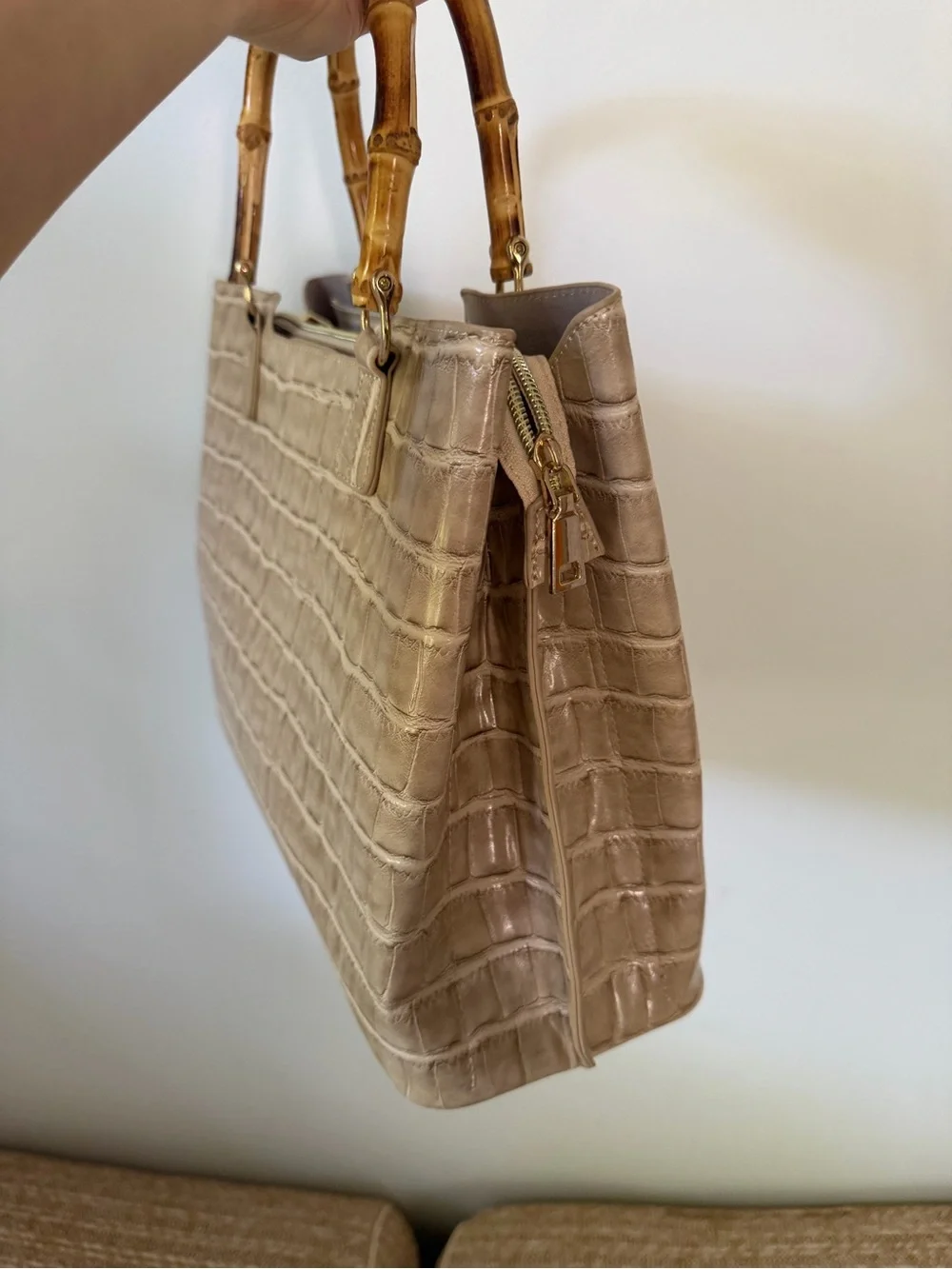 New Beige Croc-Embossed Bamboo Handle Tote - Women Bags